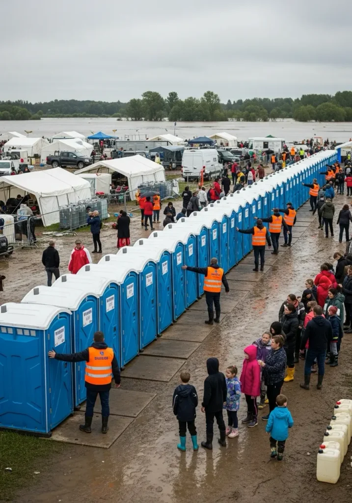 A relief camp after a flood with rows of porta potties volunteers and evacuees using sanitation facilities 98901 Terrace Heights, WA 7
