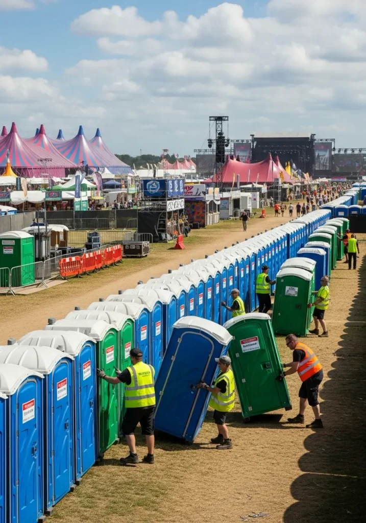Event staff arranging portable toilets at a large outdoor festival with tents stages and vendor stalls visible in the background 98248 Ferndale, WA 5
