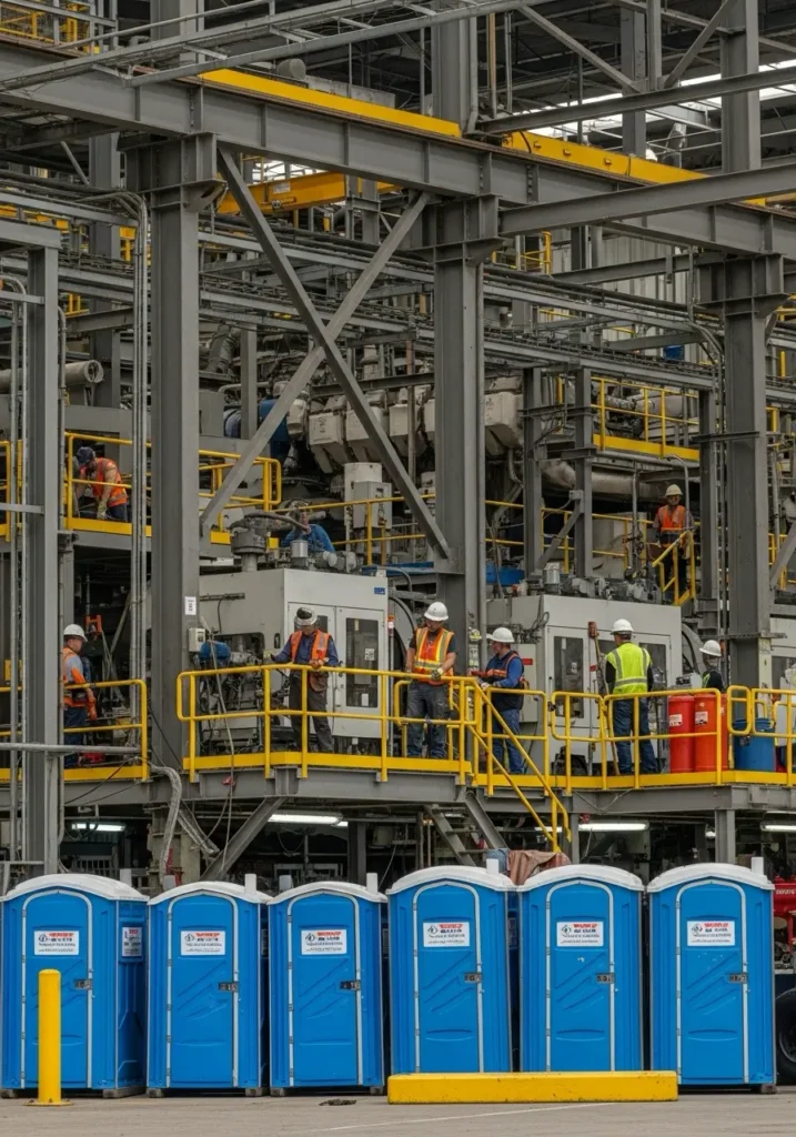 Maintenance crew working in a large industrial plant with porta potties positioned for temporary use 98248 Ferndale, WA 7