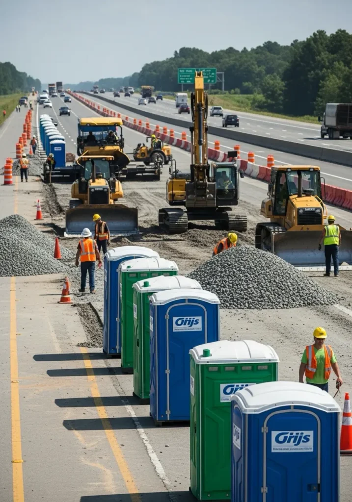Porta potties placed along a highway roadwork zone with workers operating equipment nearby 98856 Twisp, WA 3