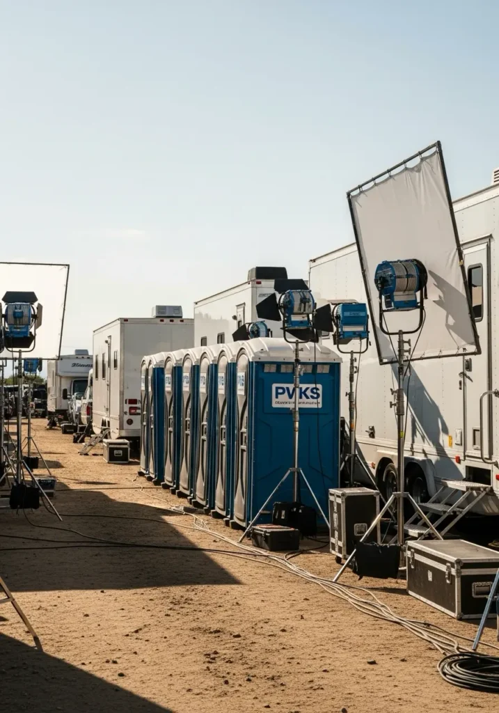 Portable restrooms placed beside trailers and lighting equipment on an outdoor filming location 98901 Terrace Heights, WA 5