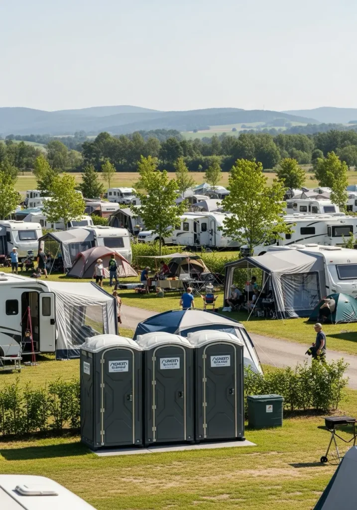 Portable restrooms placed near camping tents or RVs with visitors enjoying outdoor activities 98856 Twisp, WA 9