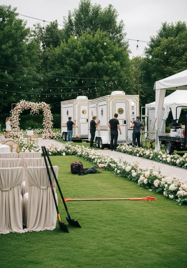 Setup crew placing luxury portable restrooms at a garden wedding venue with decorations in progress 98323 Carbonado, WA 5
