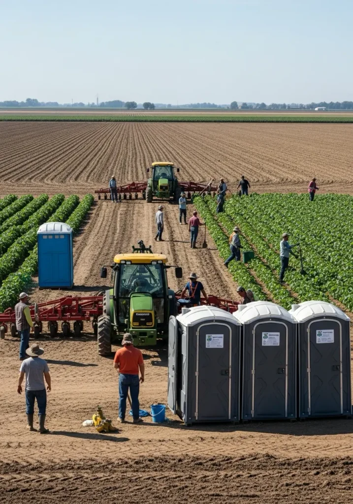 Workers in a large farmland area using portable restrooms placed near tractors and crops 98856 Twisp, WA 5